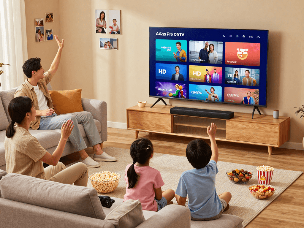 Profitez des moments en famille avec l'application atlas pro ontv sur un Smart TV, affichant des milliers de chaînes et de films.