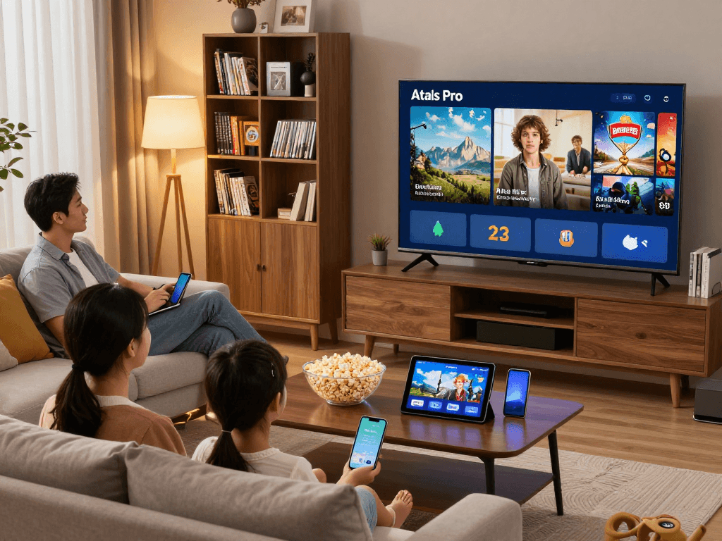 Une famille profitant d'Atlas Pro sur un téléviseur intelligent dans un salon confortable.