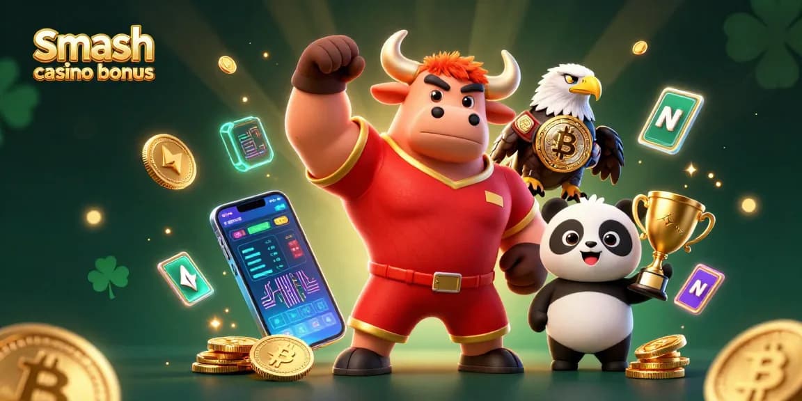Profitez du smash casino bonus avec une illustration dynamique de personnages et éléments de jeu captivants.