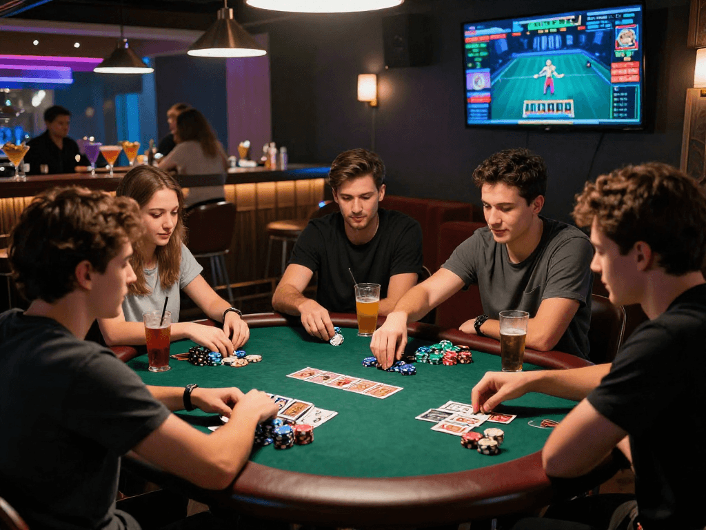 Scène de jeu dans un casino en ligne avec des amis jouant au poker, ambiance conviviale et excitante.