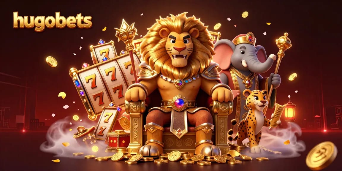 Experience thrilling wagering with hugobets, witnessing majestic lion king and companions amid vibrant casino elements.