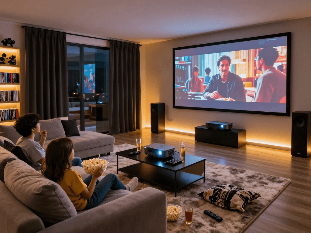 Configuration de cinéma maison Atlas pro ontv avec famille sur canapé, ambiance chaleureuse.