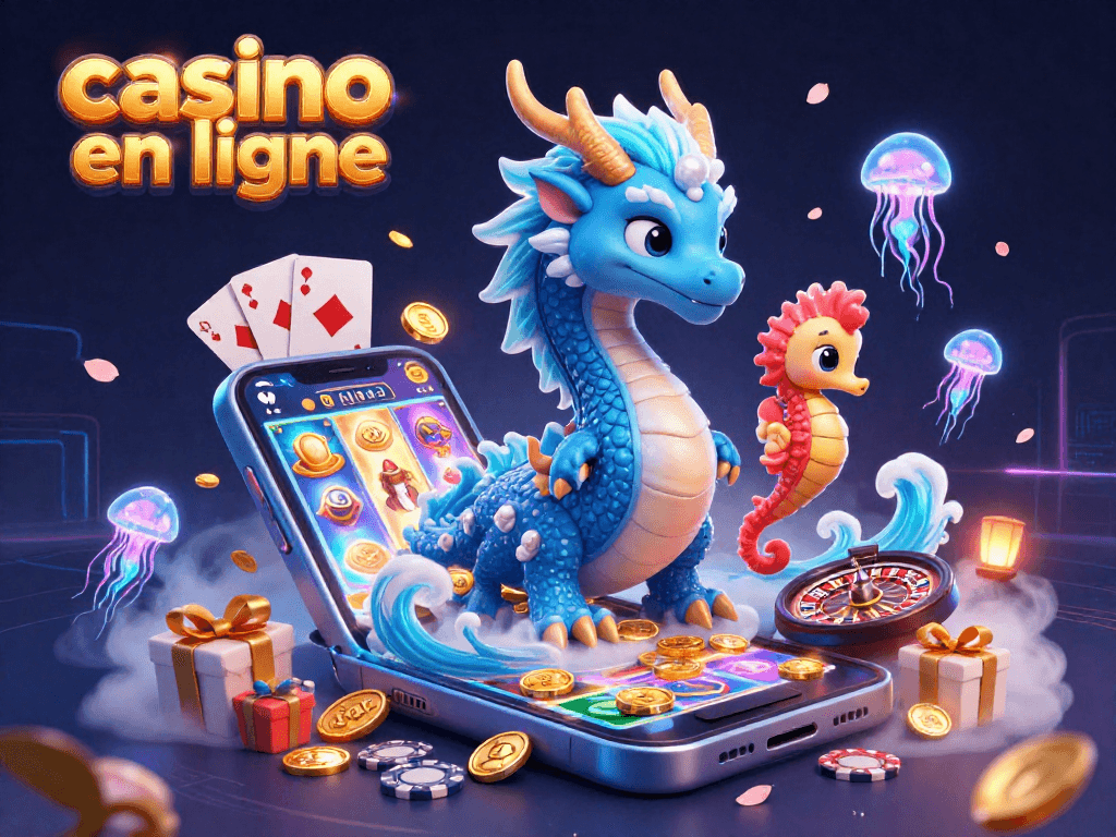 Jouez au casino en ligne avec un dragon azur et un chevalier hippocampe, entourés de jeux et de pièces d'or