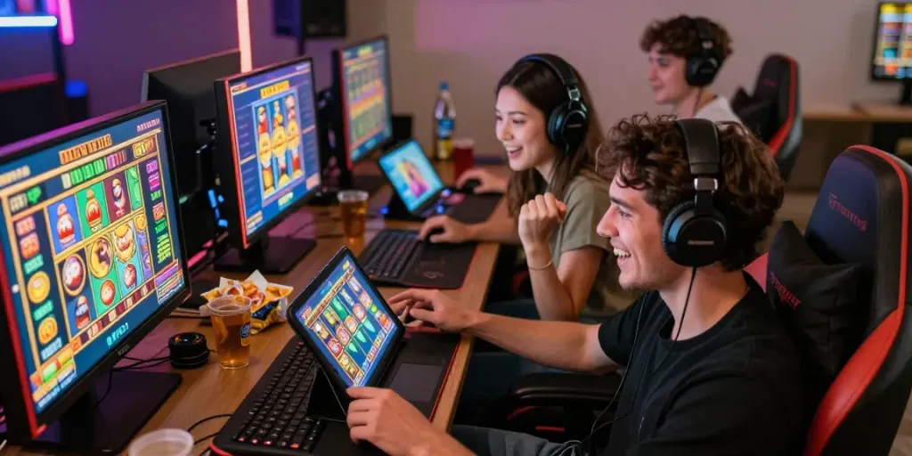 slot88, pemain slot merayakan kemenangan di perangkat game online dengan suasana meriah dan penuh warna.
