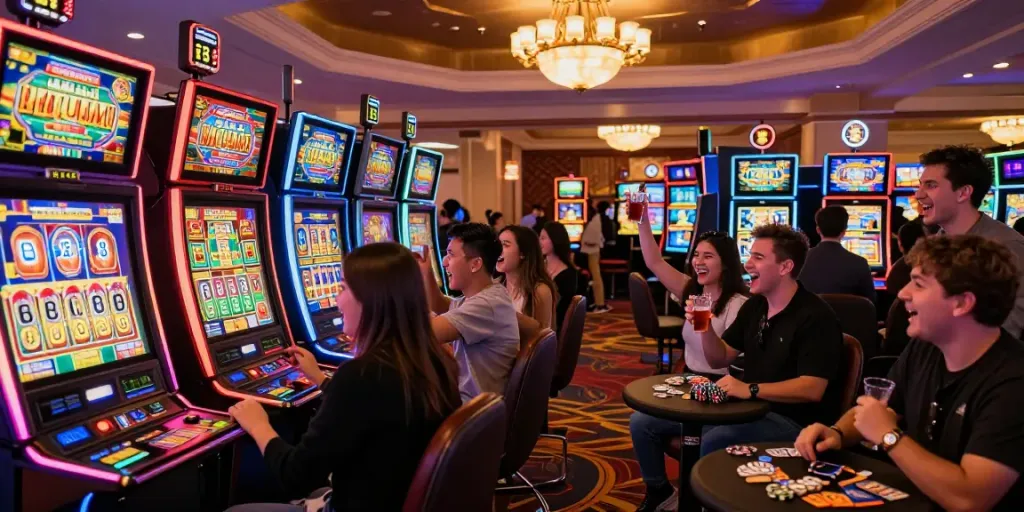 Area mesin slot yang penuh warna dengan pemain bersemangat di kasino.