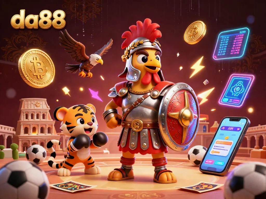 Engage in thrilling sports betting at da88 with a dynamic 3D gladiator scene featuring vibrant casino elements.
