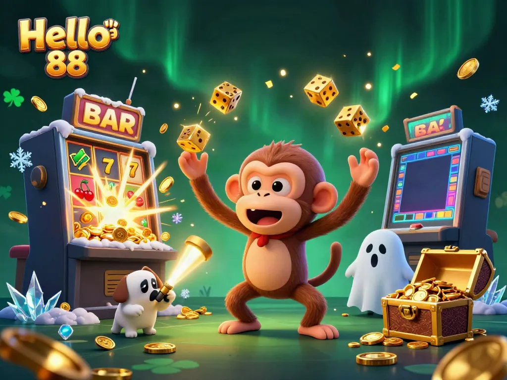 Experience gambling excitement with Hello 88 featuring a mischievous monkey and a curious puppy in a casino scene.