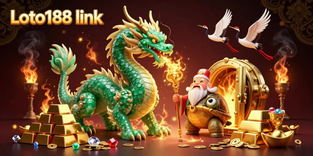 Experience thrill with Loto188 link, featuring legendary dragon, turtle sage, and lucky cranes amid wealth.