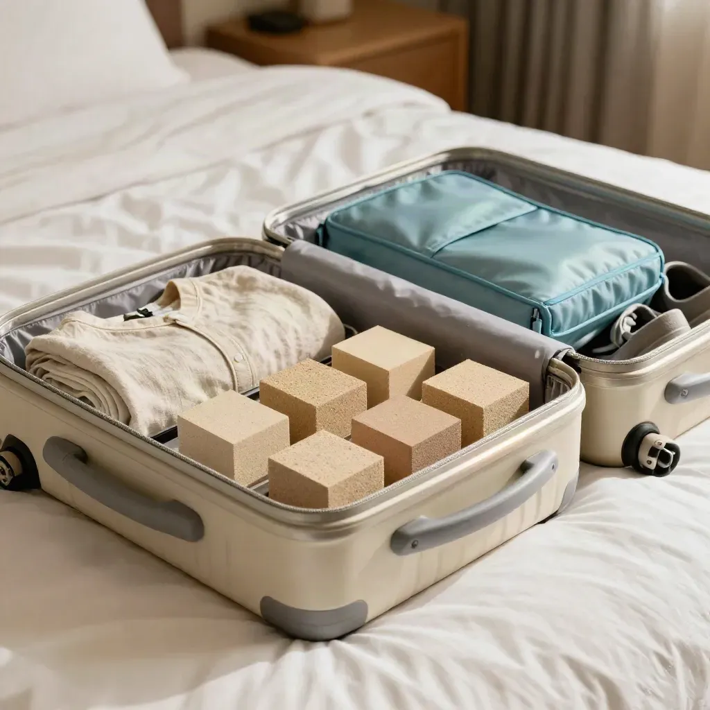 Valise cabine ouverte sur lit d’hôtel, cubes de rangement, tenue roulée et chaussures légères
