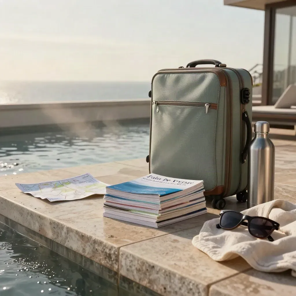 Valise sable, guides de voyage, carte pliée et gourde sur terrasse humide au lever du jour.