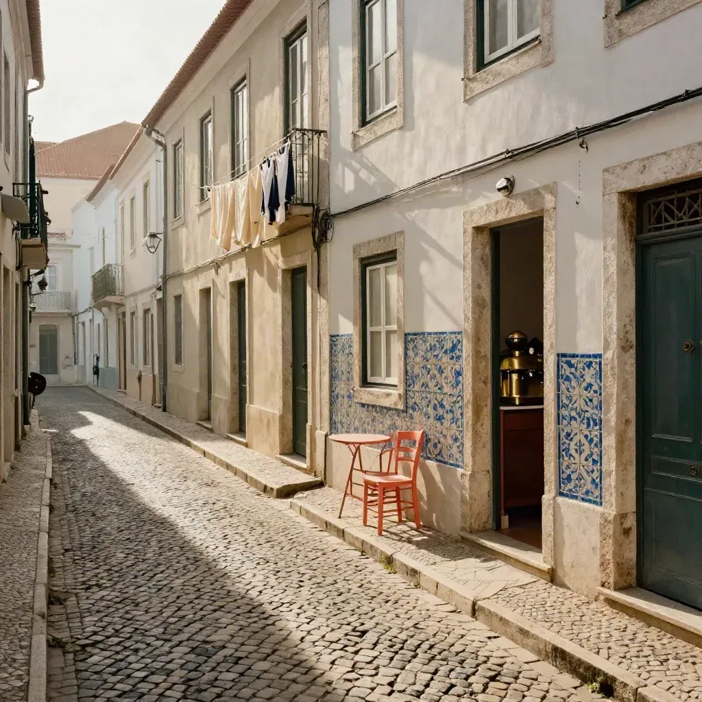 Ruelle en pente de l’Alfama, façades claires, linge crème et café d’angle au soleil du matin