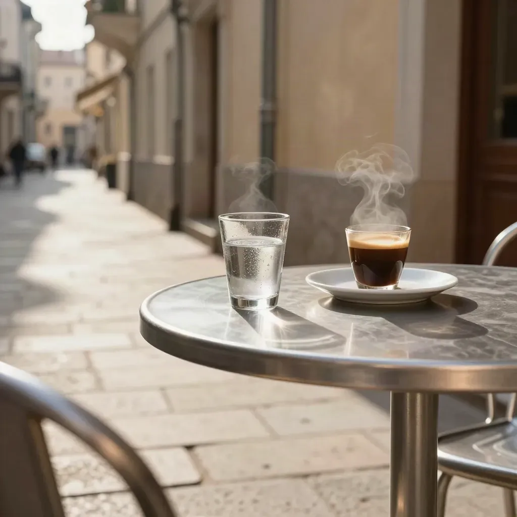 Table de terrasse de quartier avec café, eau et plat du jour, rue douce en arrière-plan.