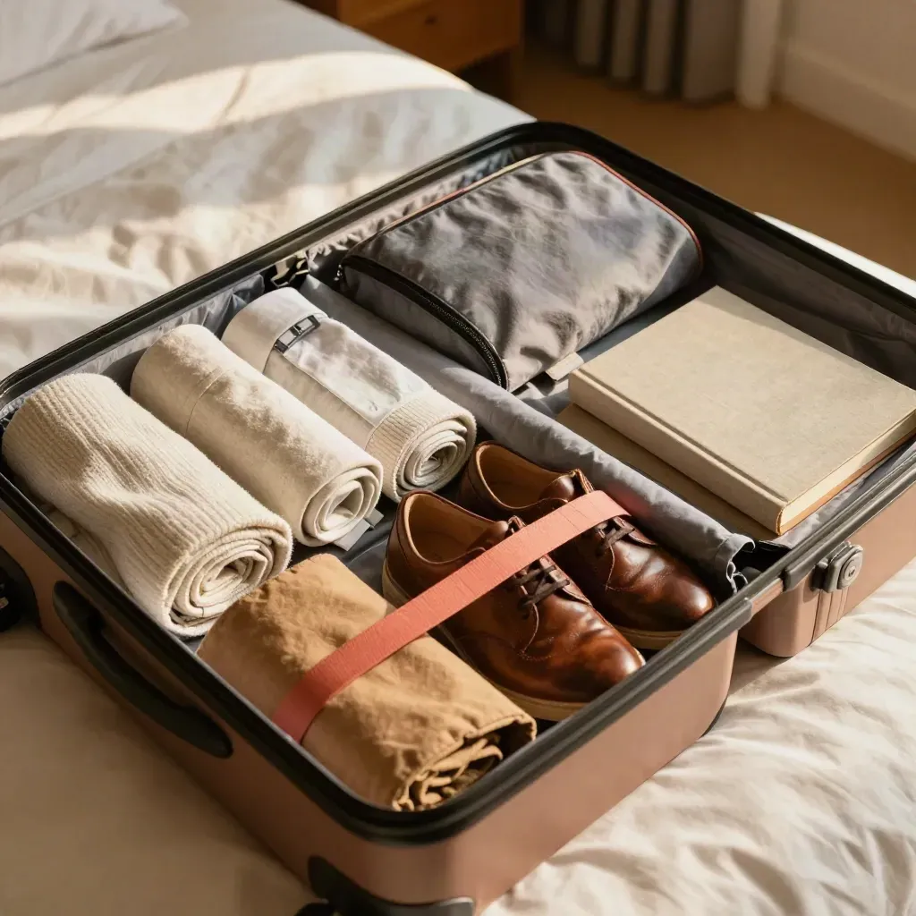 Vue du dessus d’une valise cabine ouverte, vêtements roulés, trousse fine et chaussures compactes