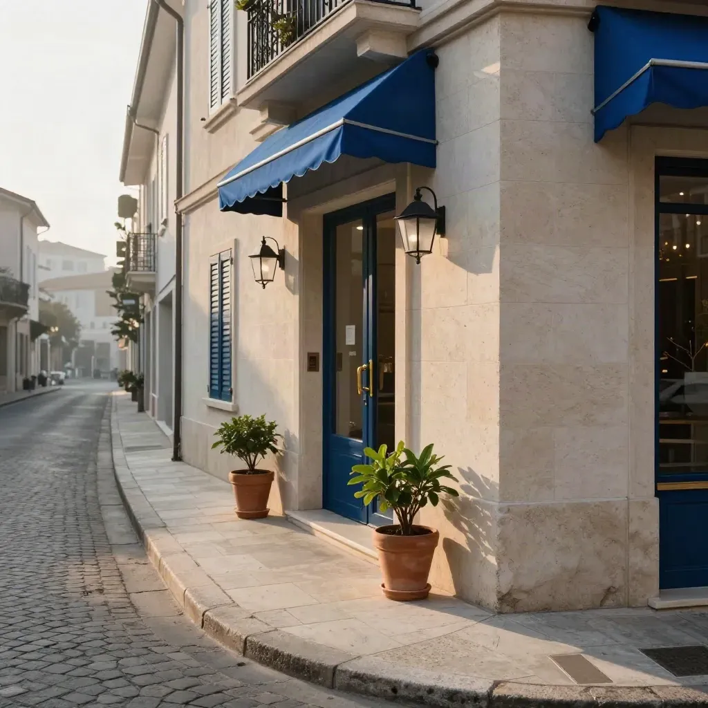 Façade d’hôtel boutique au coin d’une rue calme, lumière du matin et ombres nettes.