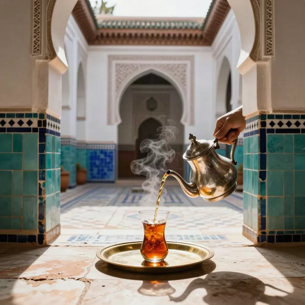 Patio de riad à Marrakech avec thé à la menthe en train d’être versé