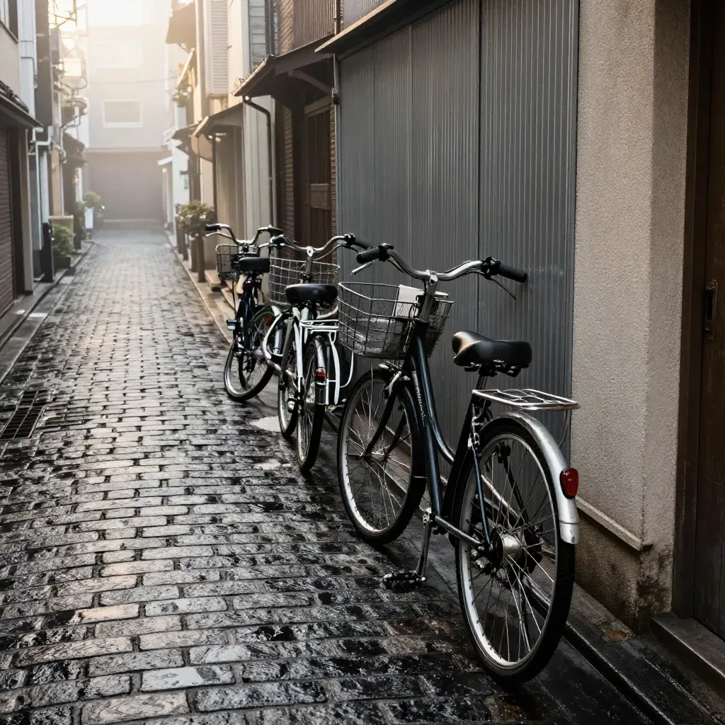 Ruelle de Tokyo humide, pavés noirs, vélos rangés et brume matinale