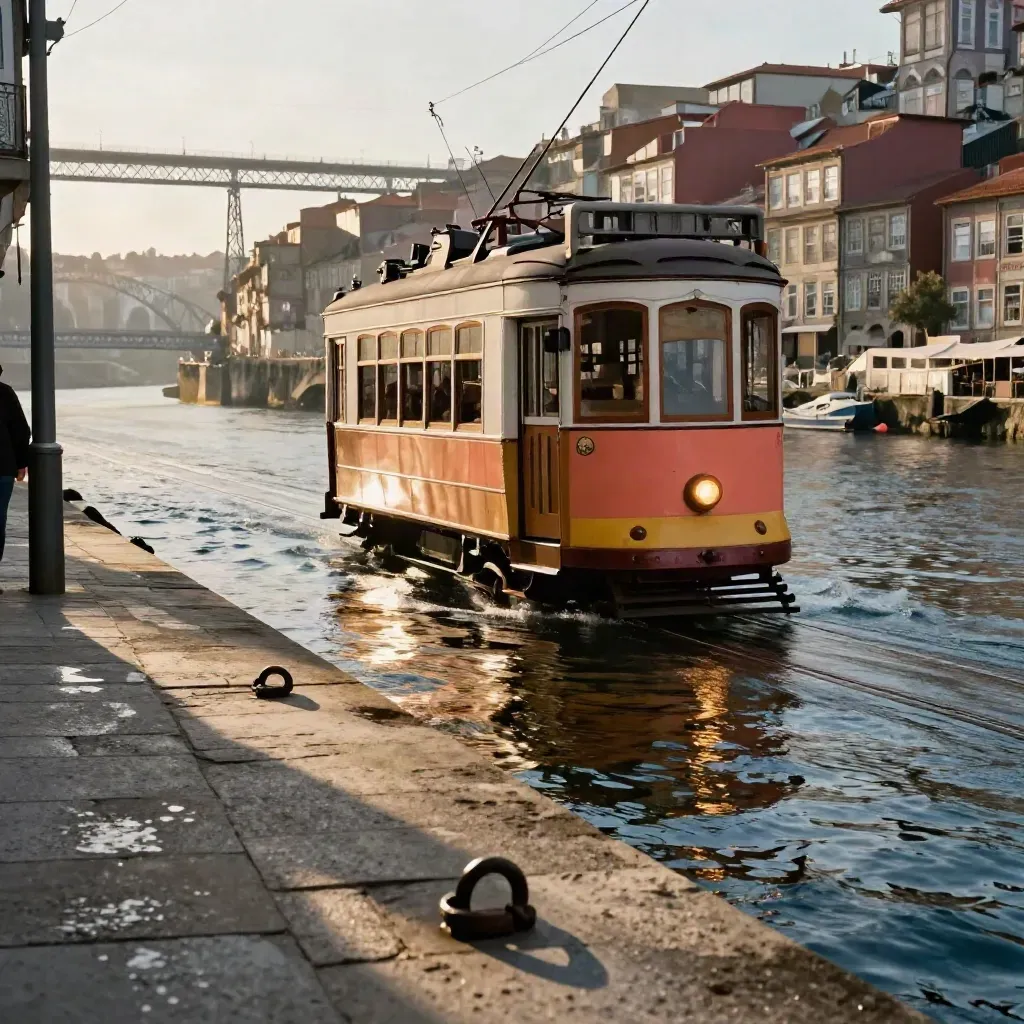 Tram sur les quais du Douro à Porto, façades serrées et pont au loin, lumière dorée.