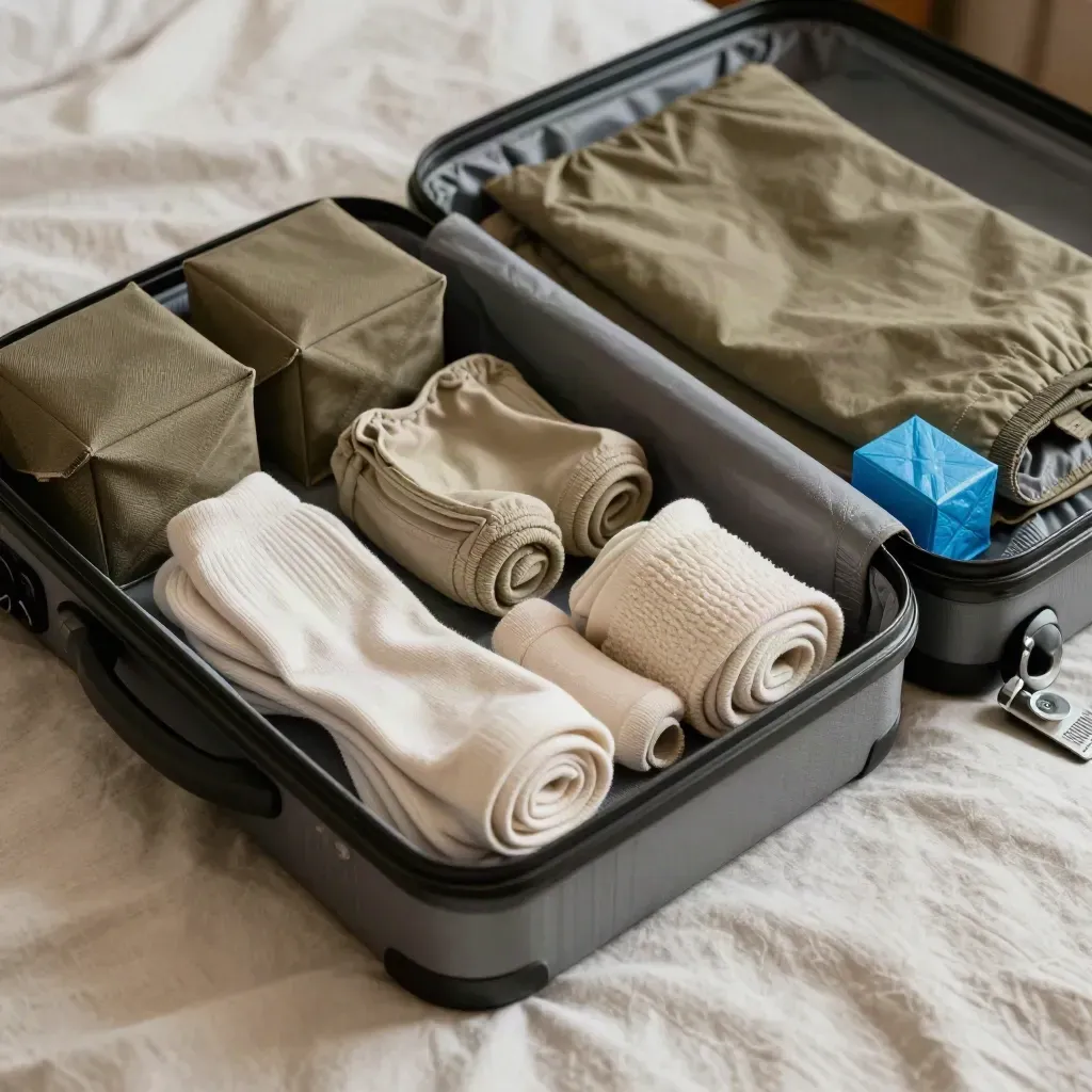 Cubes de rangement, chaussettes roulées et veste pliée dans une valise, vue du dessus.