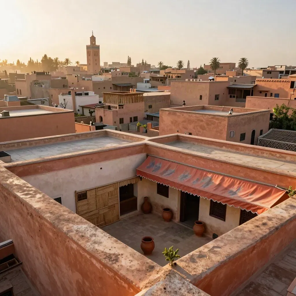 Vue plongeante sur les toits ocre de Marrakech, minaret et médina au soleil levant.