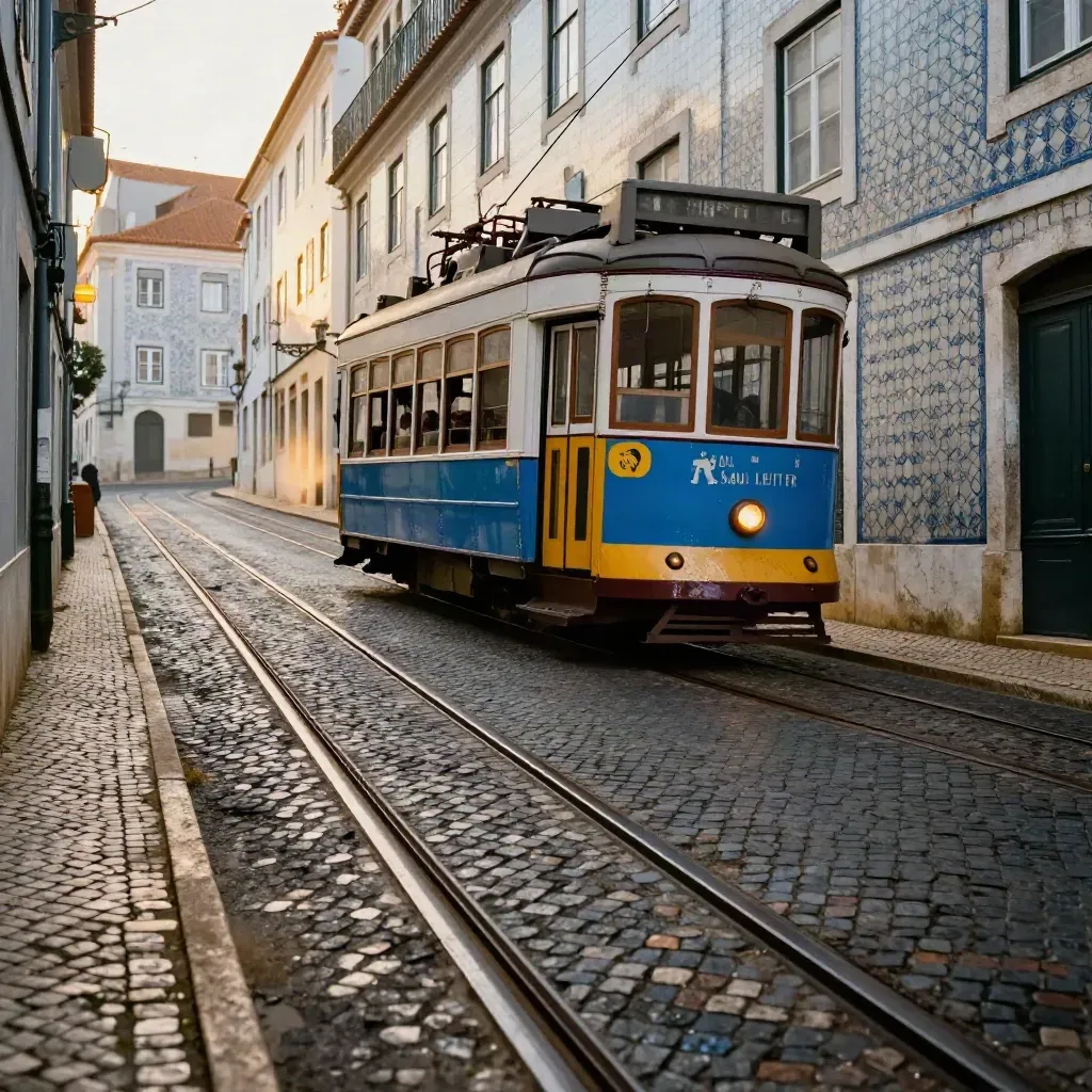 Tram de Lisbonne dans un virage, rails en diagonale et façades blanches à azulejos.