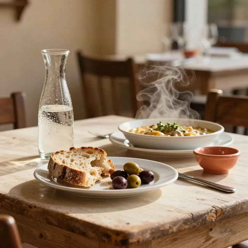 Table de trattoria avec pain, olives, carafe et plat chaud fumant
