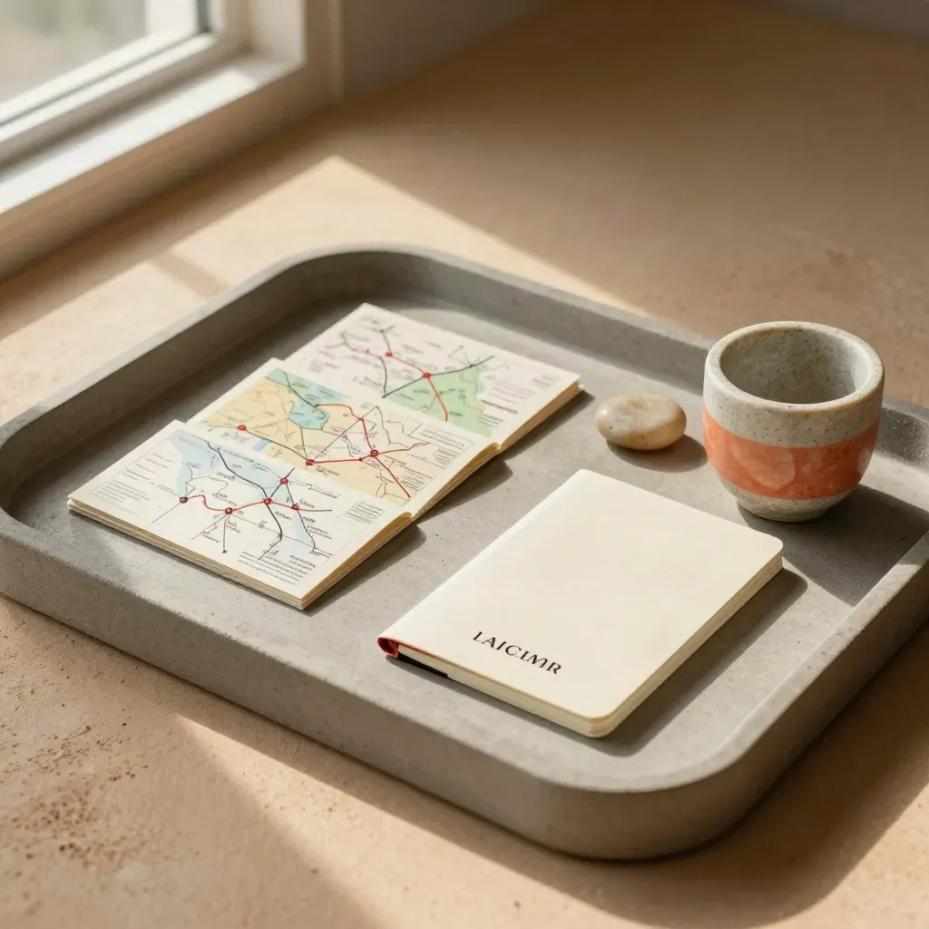 Vue du dessus de cartes d’itinéraires pliées, carnet, tasse en pierre et galet sur plateau de pierre.