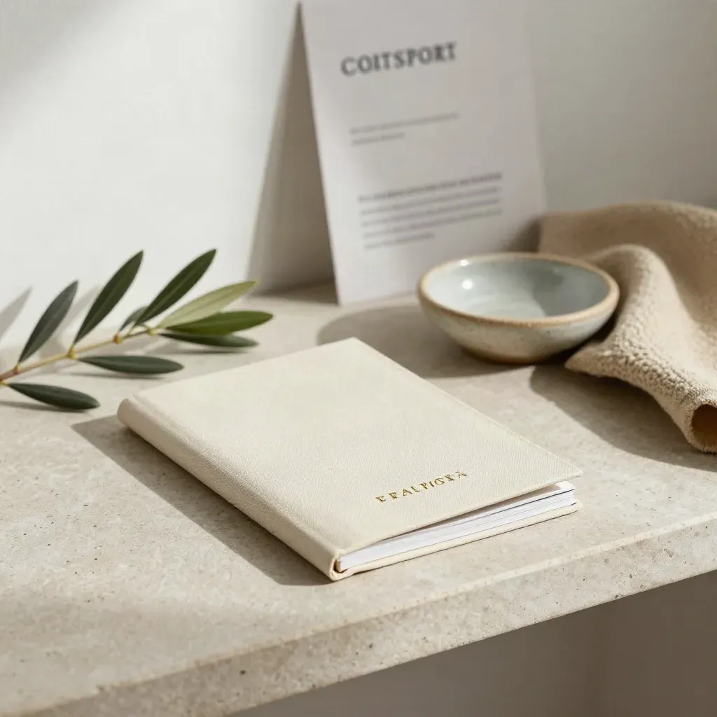 Carnet de ville crème, rameau d’olivier, coupelle et linge sur tablette de pierre.