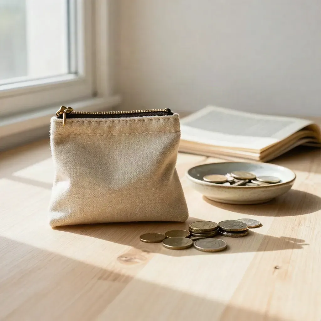 Porte-monnaie en toile, pièces, coupelle en céramique et pages floues sur bois pâle.