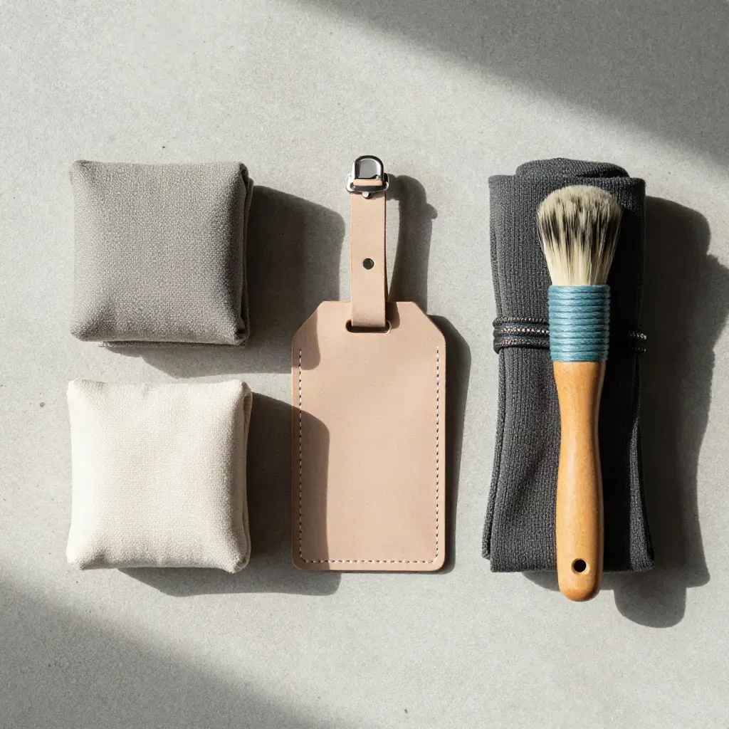 Vue du dessus d’une étiquette de bagage, cubes pliés, chaussettes roulées et brosse de voyage.