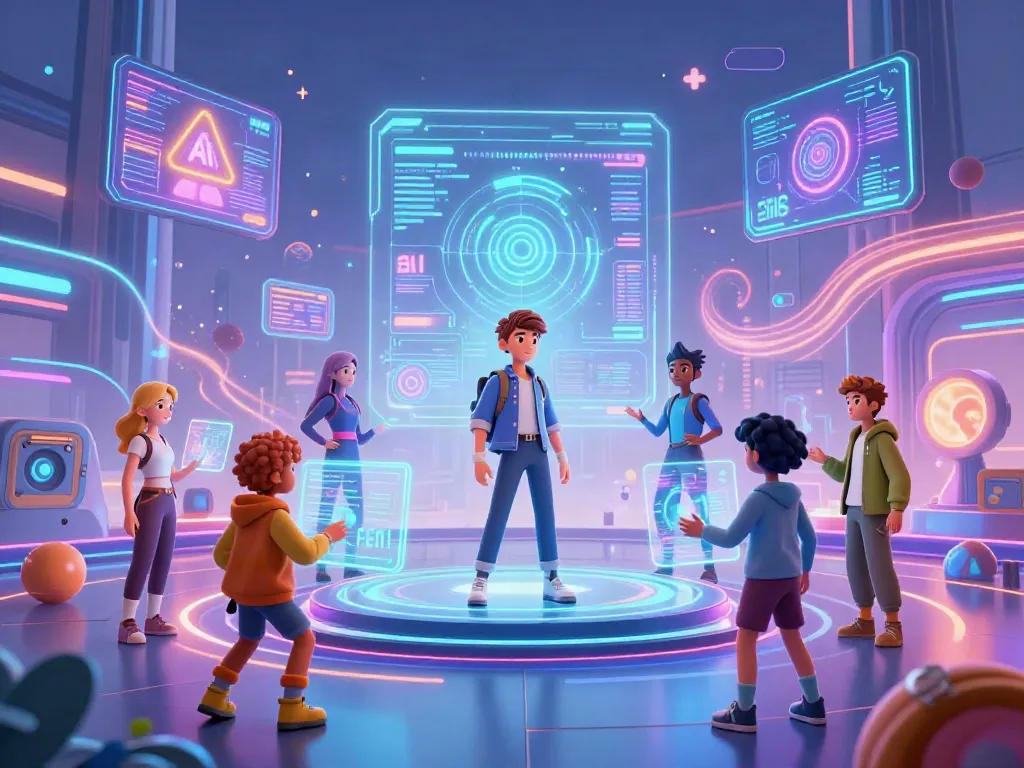Engaging scene showcasing diverse Futa AI characters interacting with holographic displays in a futuristic environment.