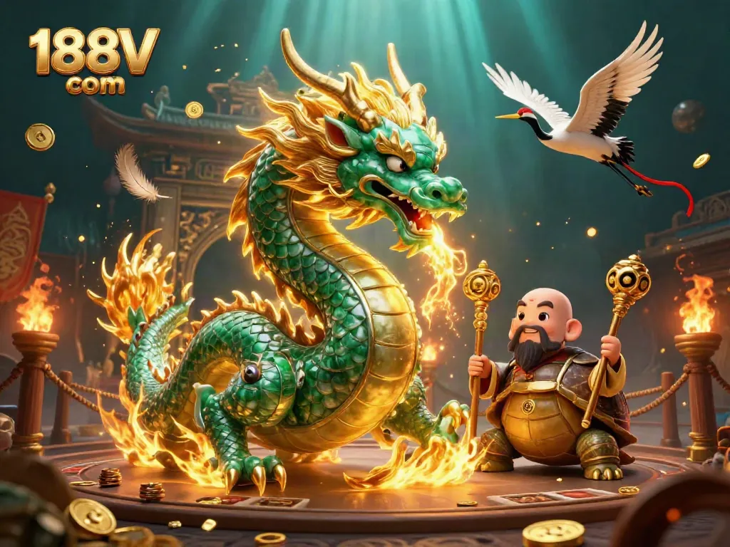 Experience the thrilling excitement of 188V com with vibrant dragon and turtle characters in a dynamic casino scene.