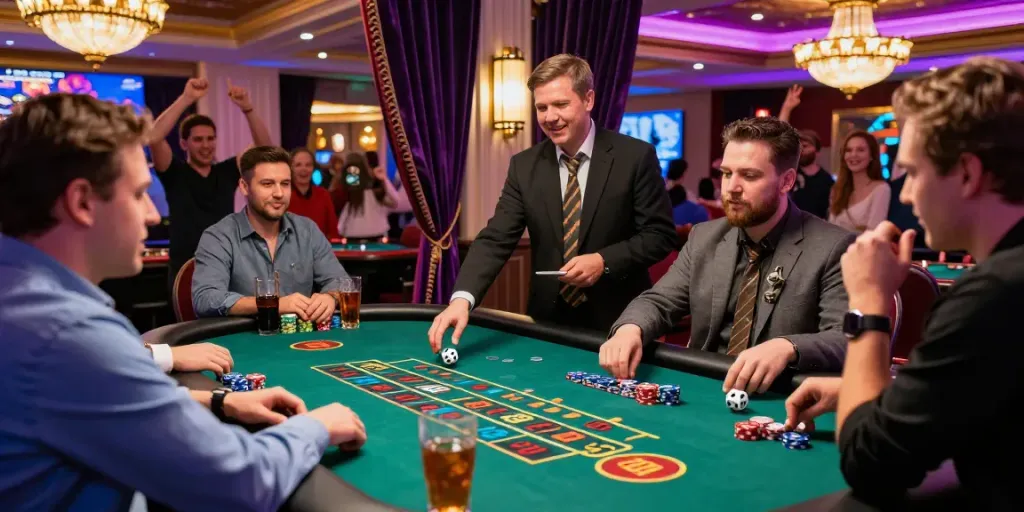 Jeux de dés casino dans un casino de luxe avec des joueurs célébrant un lancer gagnant.