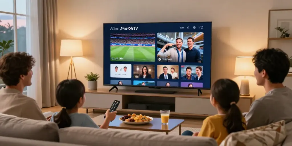 Famille profitant de l'application Atlas Pro ONTV dans un salon moderne, regardant des contenus HD.