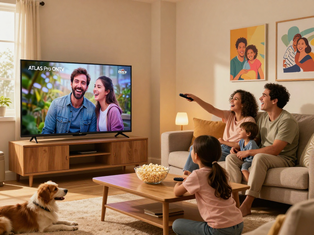 Une famille profitant de l'abonnement Atlas Pro ONTV sur un grand téléviseur dans un salon chaleureux.