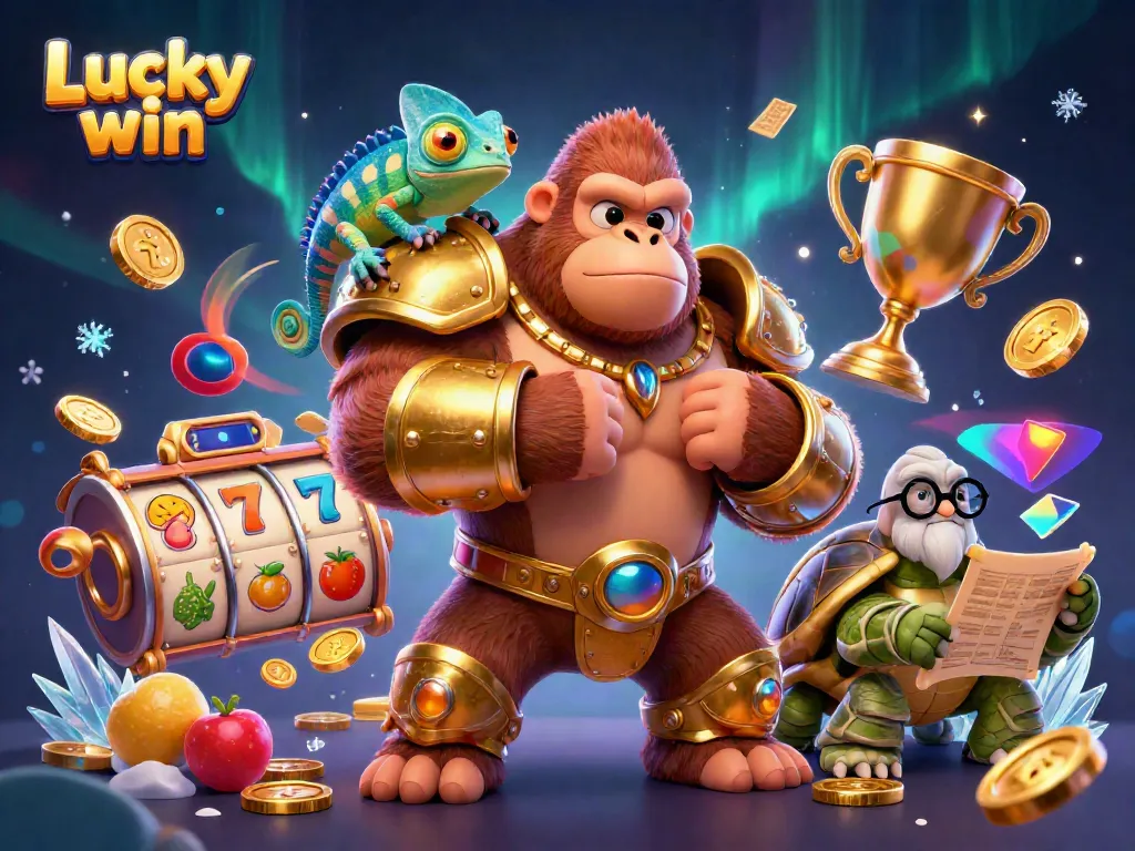 Experience the excitement at Lucky win with a dynamic scene featuring a gorilla king and gambling elements.